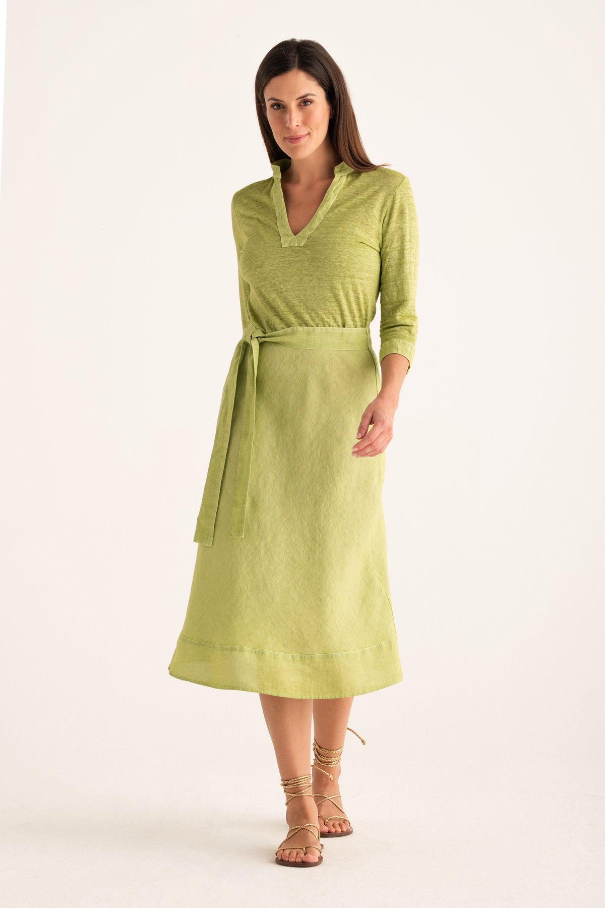 Women's Linen Jersey Midi Dress with Tie Waist – Apple Soft, view 1