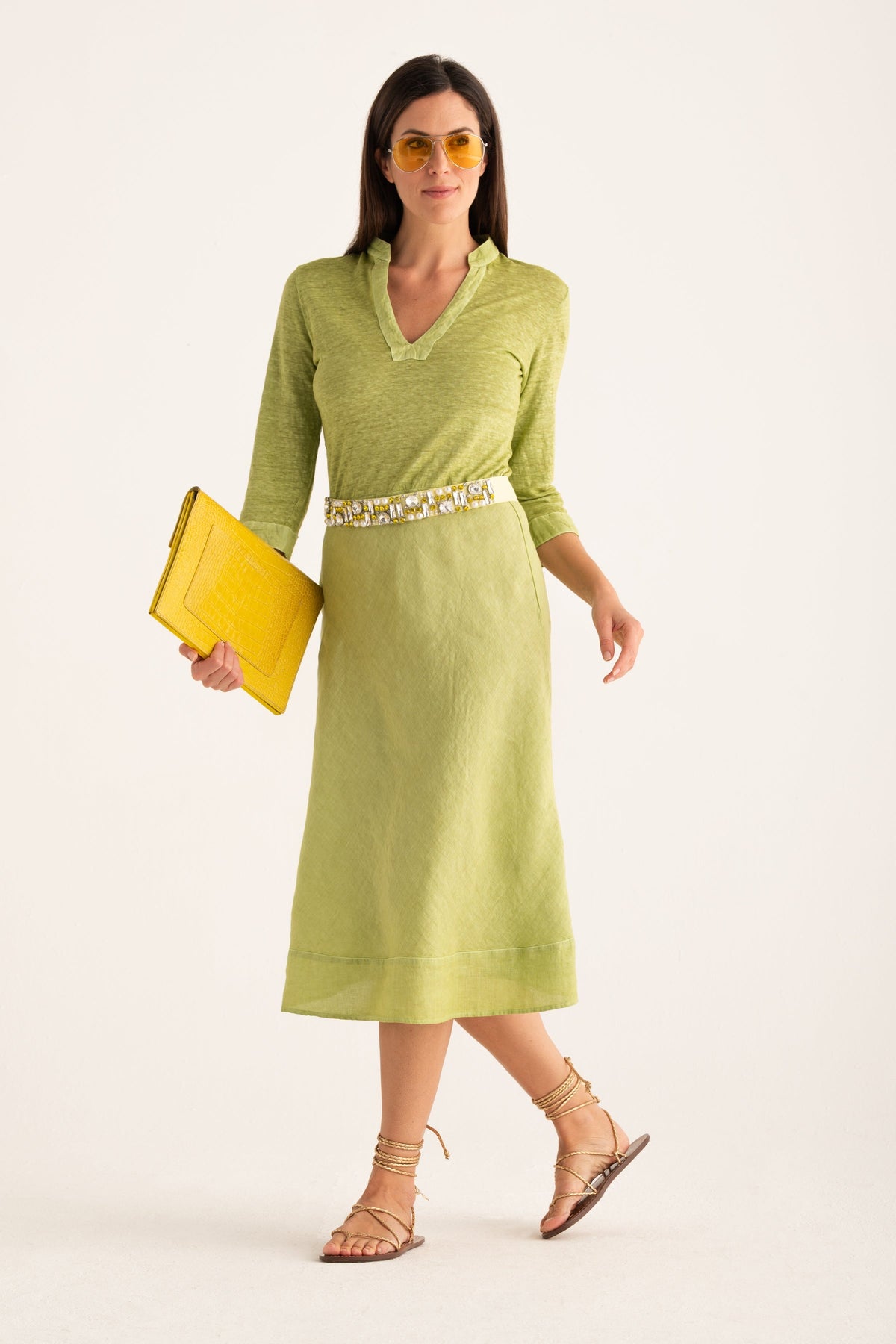 Women's Linen Jersey Midi Dress with Tie Waist – Apple Soft, view 5