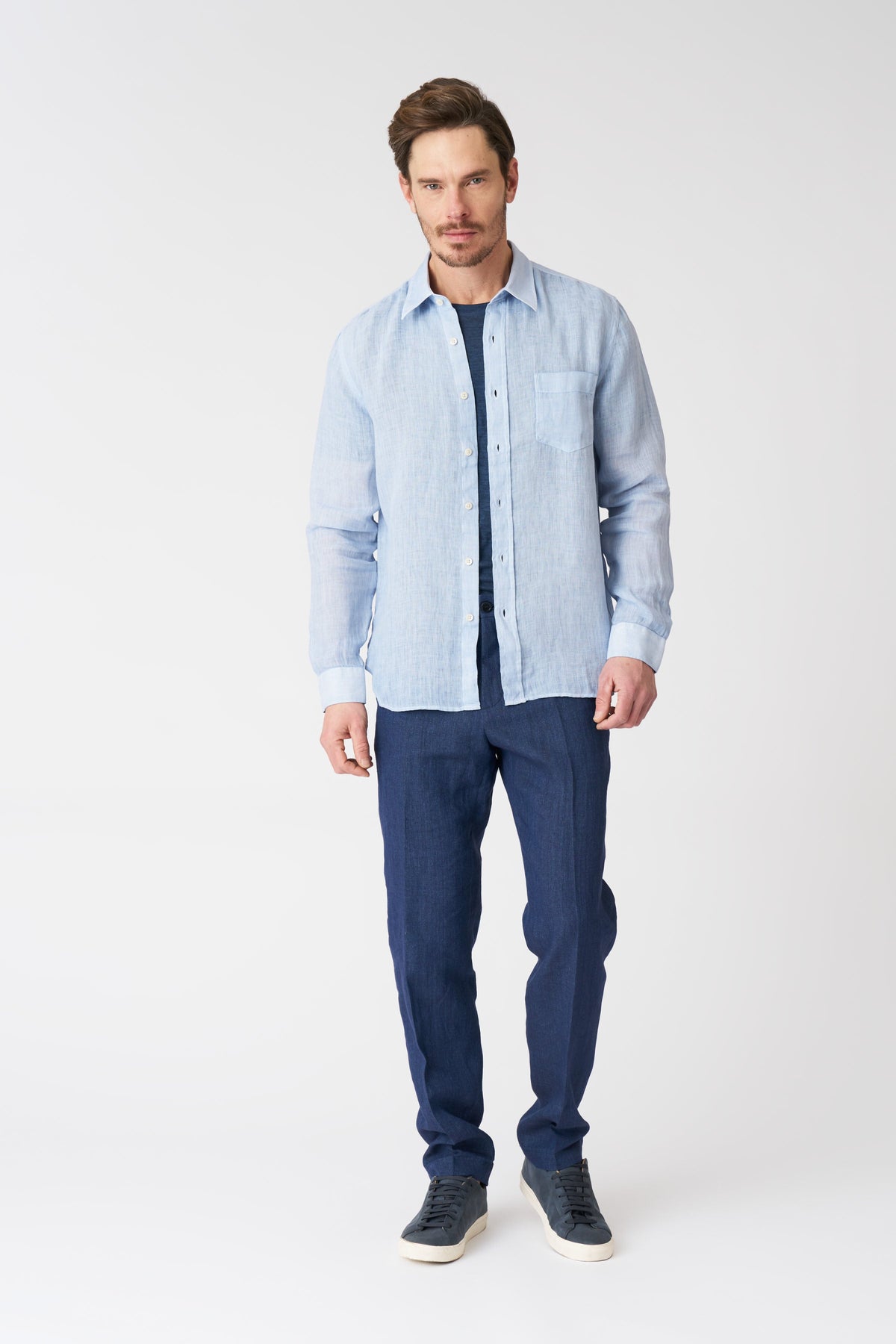 Men's Italian Collar Regular Fit Linen Shirt with Pocket – Sky Soft Fade, view 3