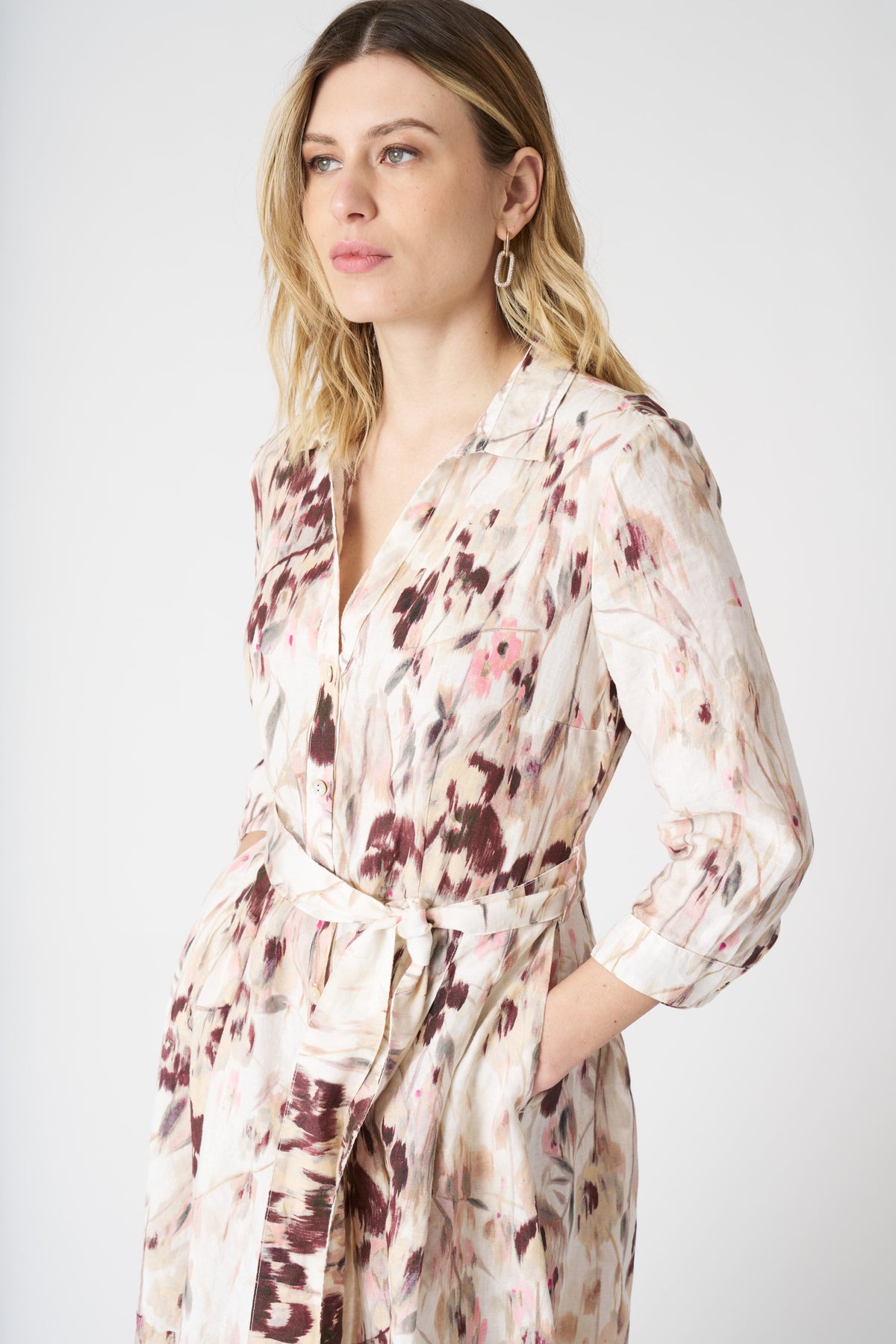 Women's Japanese Flower Linen Shirt Dress – Washed-Pink Print, view 3