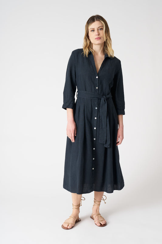 Women's Linen V-Neck Shirt Dress with Belt – Night Blue, view 1