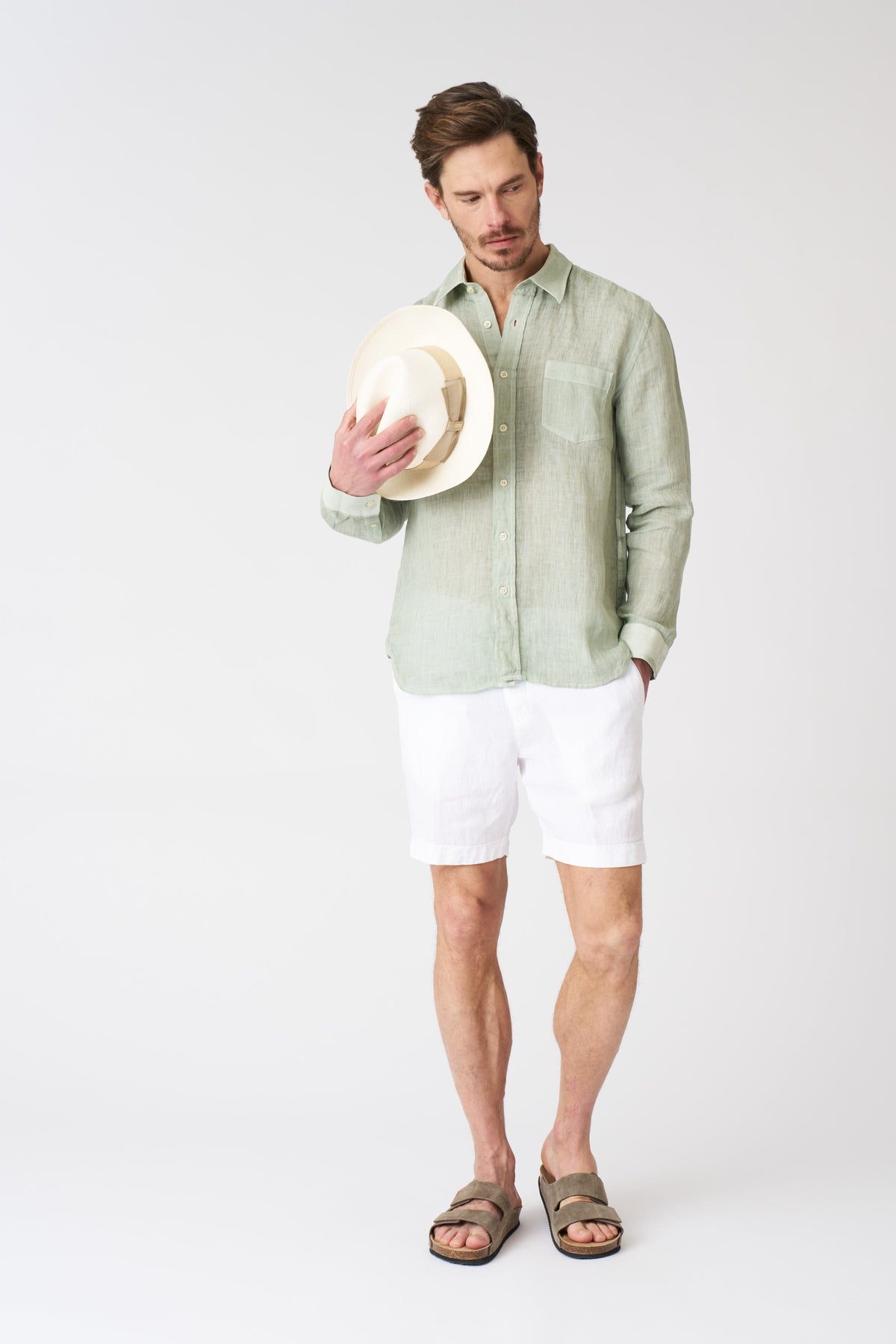 Men's Italian Collar Regular Fit Linen Shirt with Pocket – Pistache Soft Fade, view 3