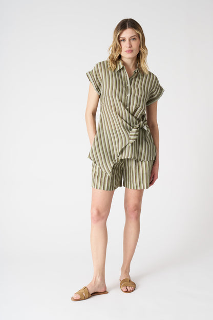 Women's Linen Striped Shirt with Draped Knot – Washed, view 3