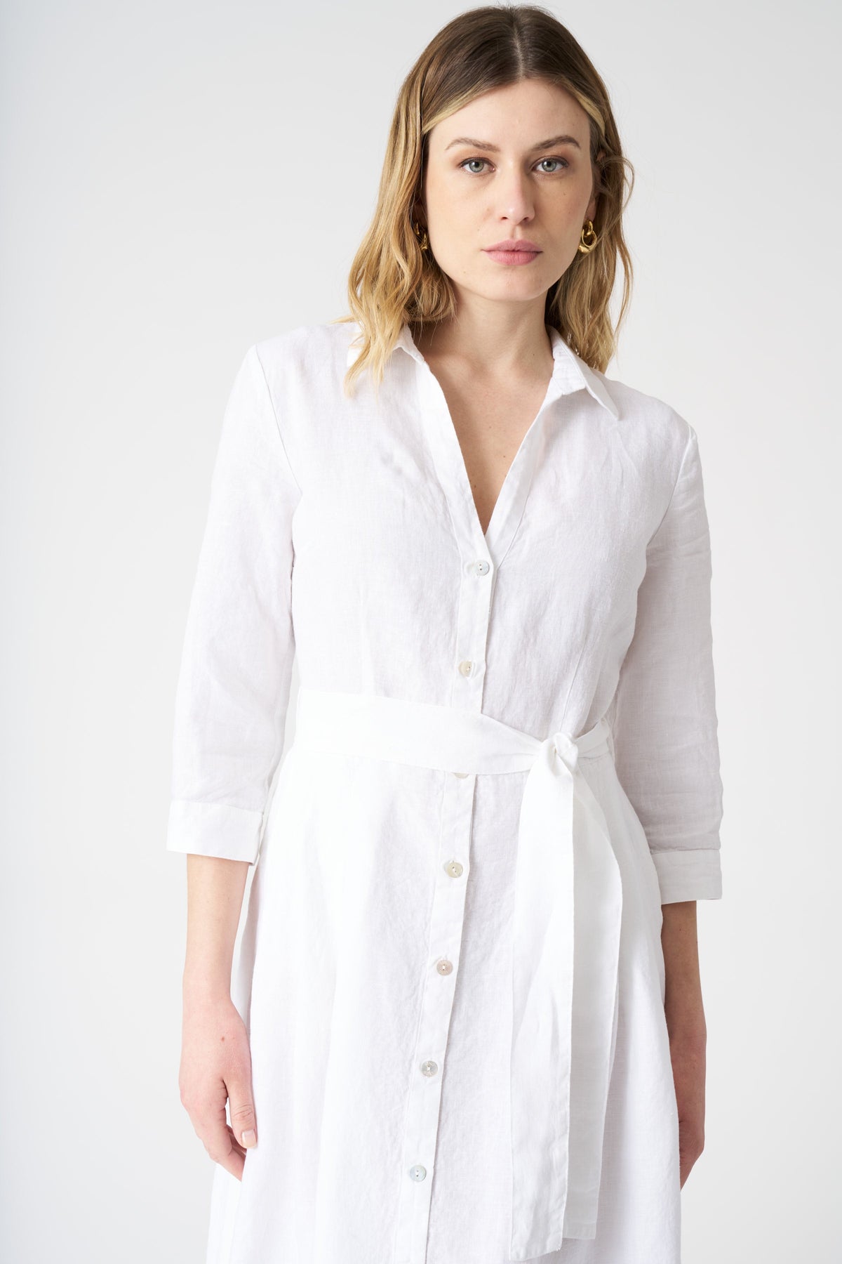 Women's Linen V-Neck Shirt Dress with Belt – White, view 2