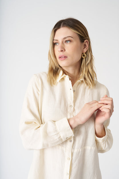 Women's Linen Relaxed Long Shirt Dress – Ecru, view 4