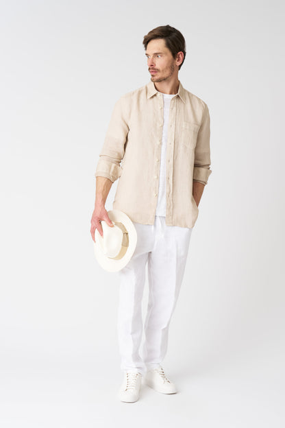 Men's Italian Collar Regular Fit Linen Shirt with Pocket – Beige Soft Fade, view 3