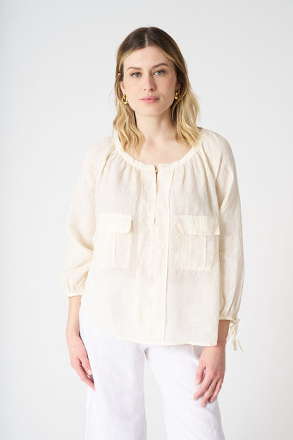 Women's Linen Blouse with Applied Pockets – Ecru, view 1