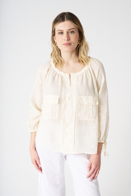 Women's Linen Blouse with Applied Pockets – Ecru, view 1