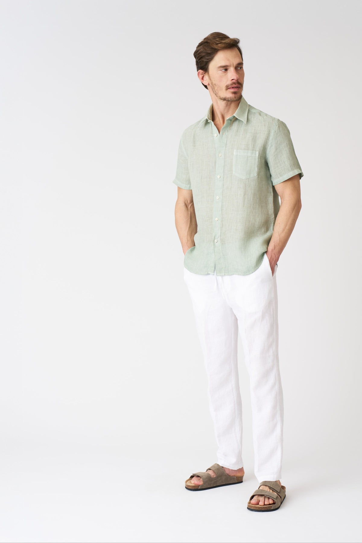 Men's Regular Fit Linen Shirt with Pocket – Pistache Soft Fade, view 3
