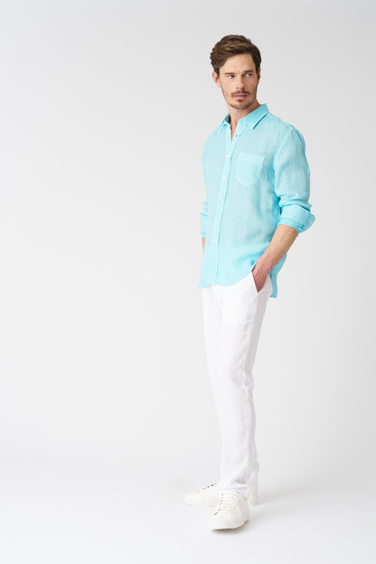 Men's Italian Collar Regular Fit Linen Shirt with Pocket – Aruba Blue Soft Fade, view 3
