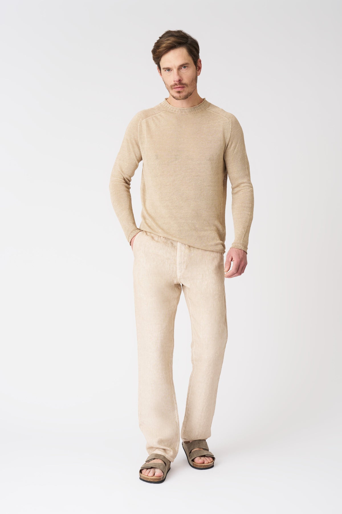 Men's Linen Bootcut Pants – Beige Soft Fade, view 1