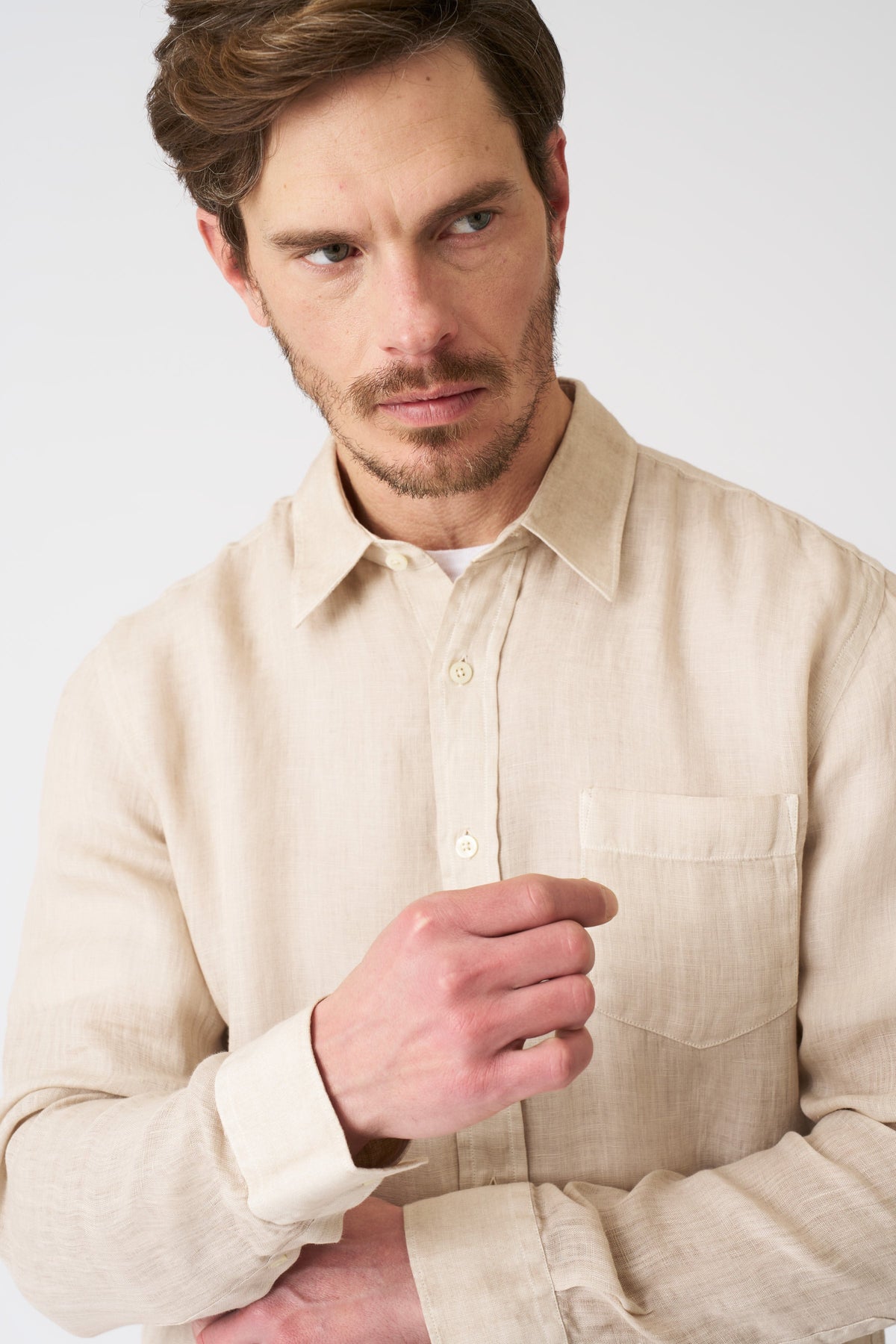 Men's Italian Collar Regular Fit Linen Shirt with Pocket – Beige Soft Fade, view 2