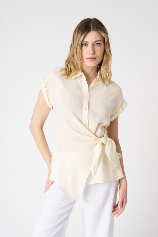 Women's Linen Shirt with Draped Knot – Ecru, view 1