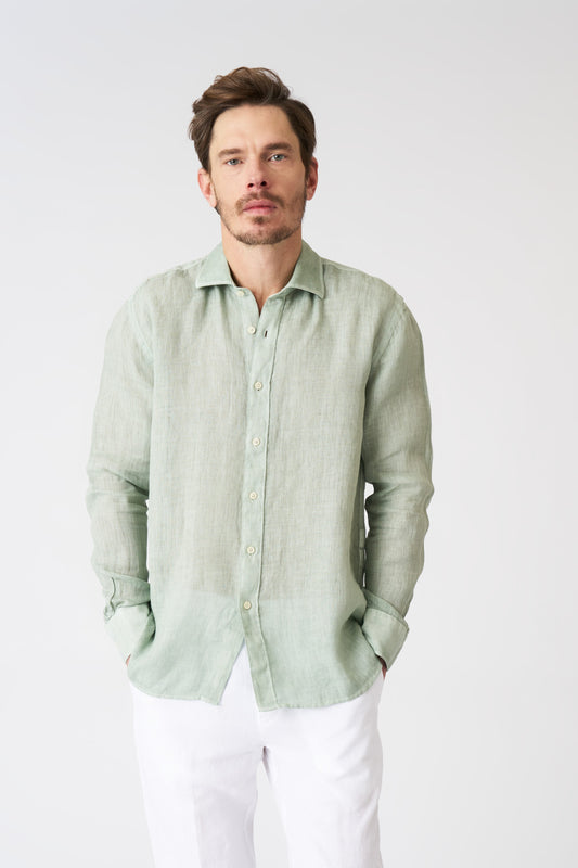Men's Melange Slim Fit Linen Shirt – Pistache Soft Fade, view 1