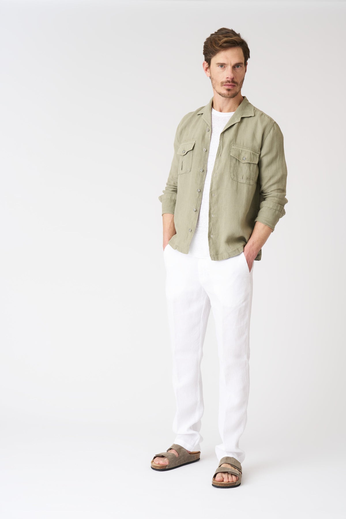 Men's Notched Collar Regular Fit Linen Shirt – Cactus, view 3