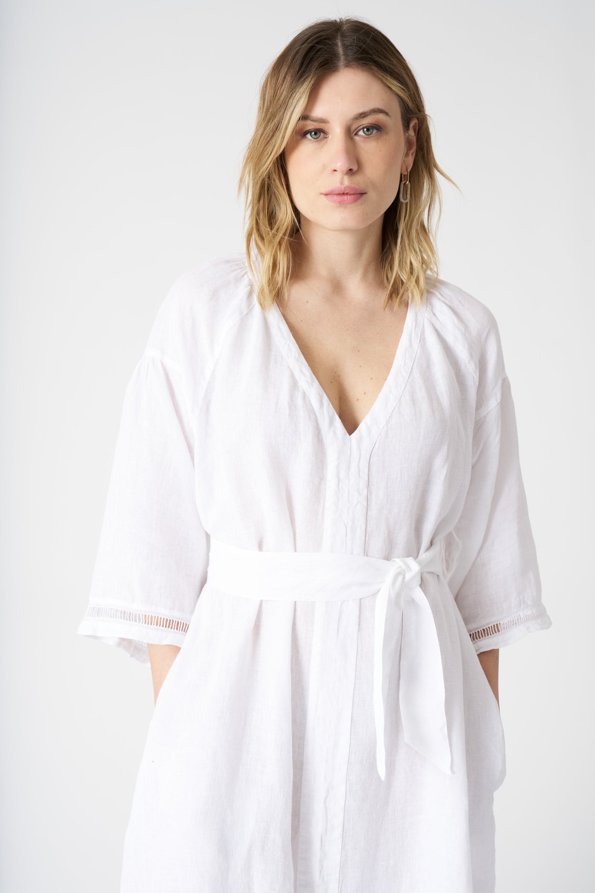 Women's Linen Kimono Dress with Belt – White, view 2