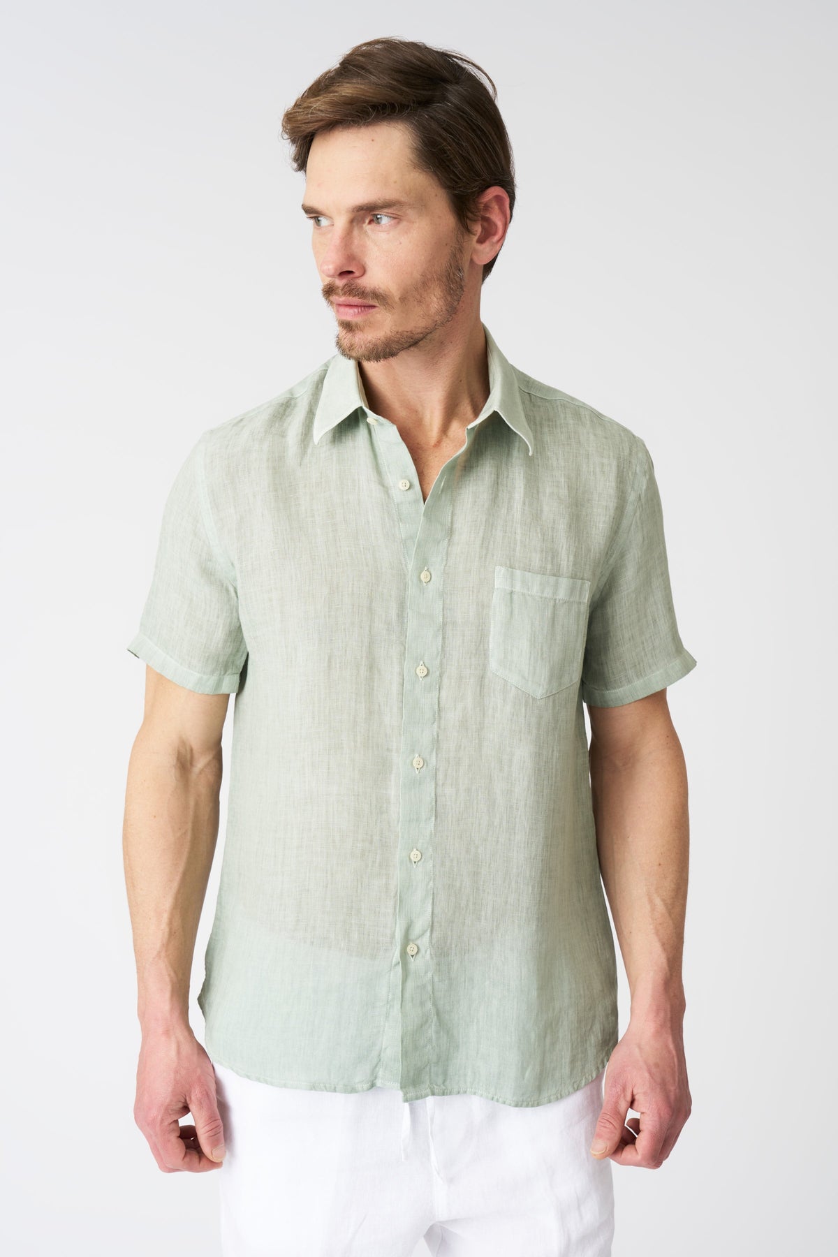 Men's Regular Fit Linen Shirt with Pocket – Pistache Soft Fade, view 1