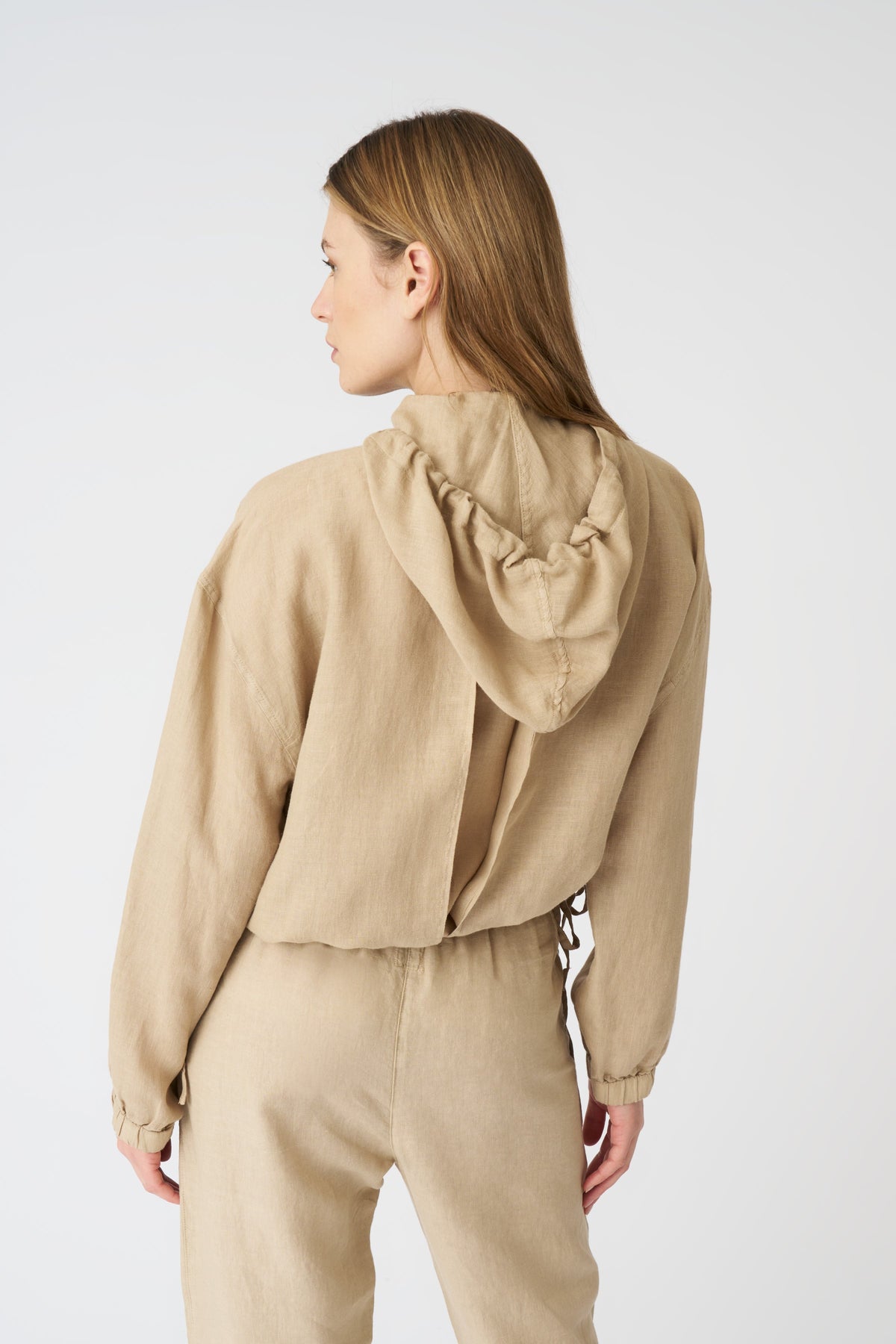 Women's Linen Jacket with Hood and Drawstring Waist – Almond, view 4