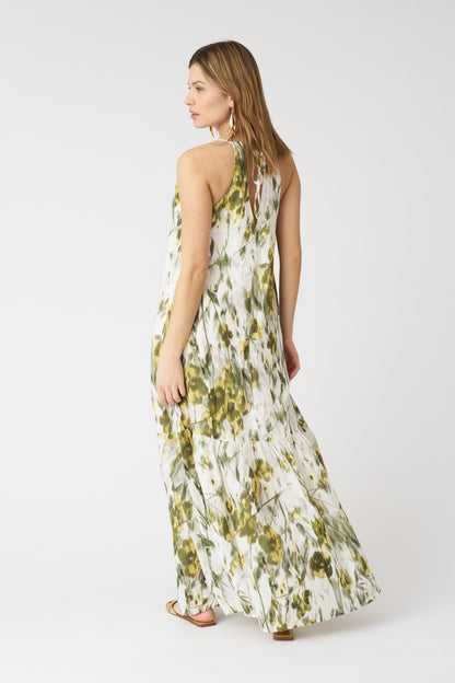 Women's Linen Japanese Flower Halter Maxi Dress – Washed-Green Print, view 3
