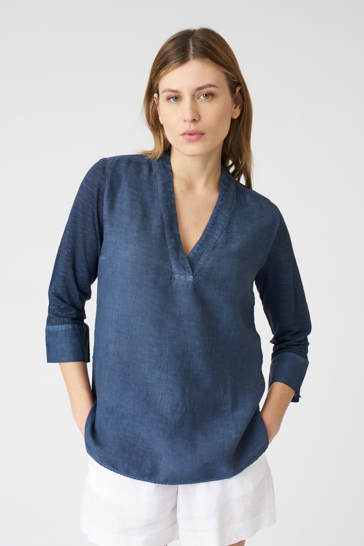 Women's Linen Relaxed V-Neck Blouse – Navy Fade, view 1