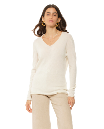 Monticelli Women's Ultra-Light Cashmere V-Neck Sweater Milk White 1