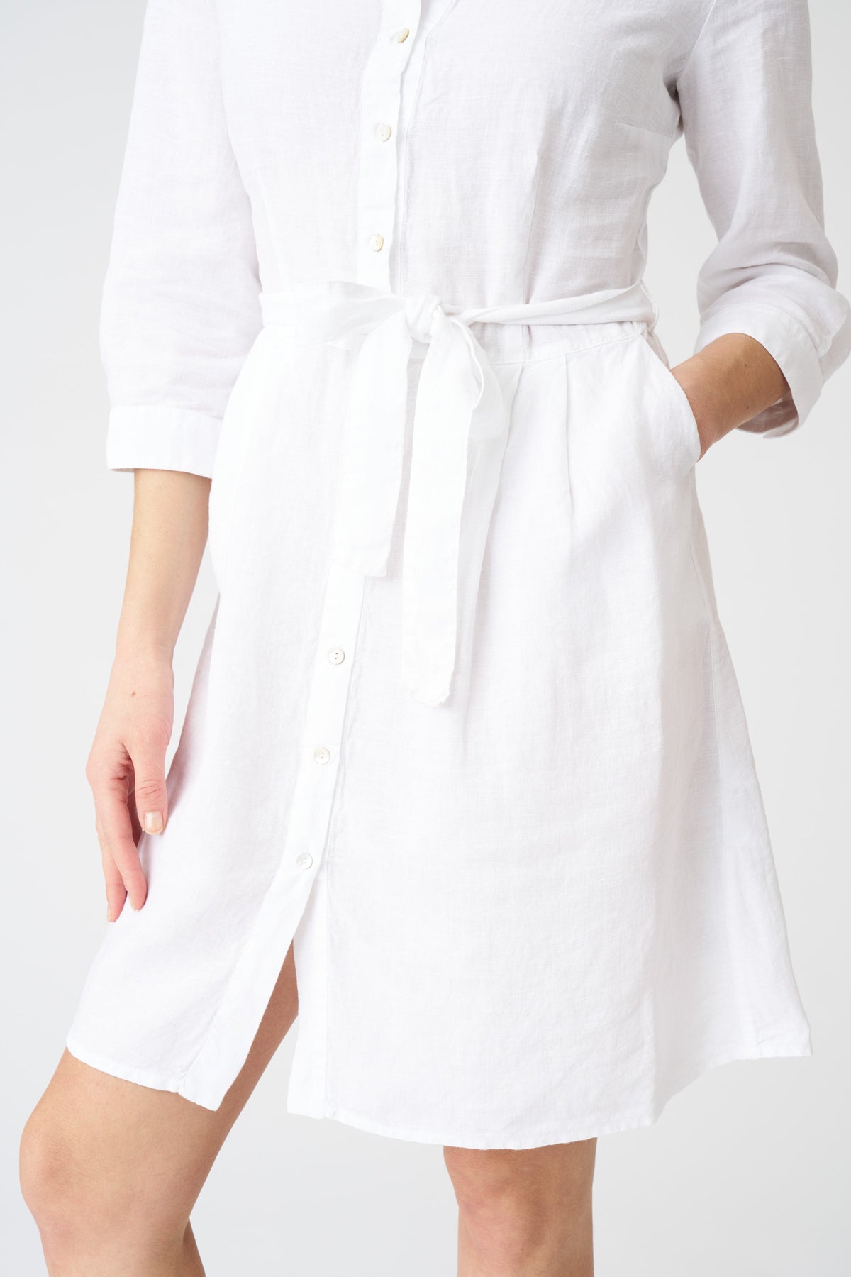 Women's Linen Shirt Dress with Belt – White, view 2