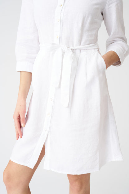 Women's Linen Shirt Dress with Belt – White, view 2