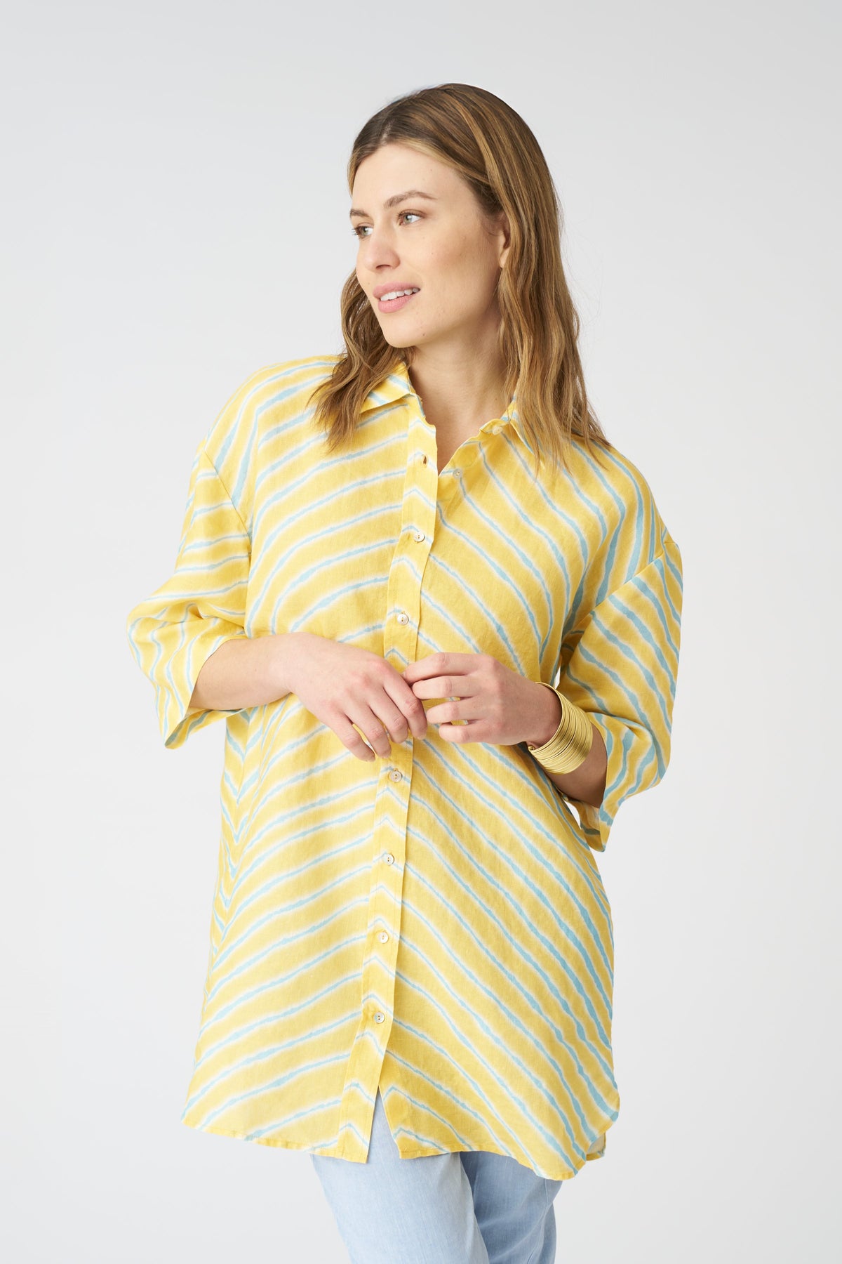 Women's Wave-Stripe Boyfriend Linen Shirt – Print, view 1