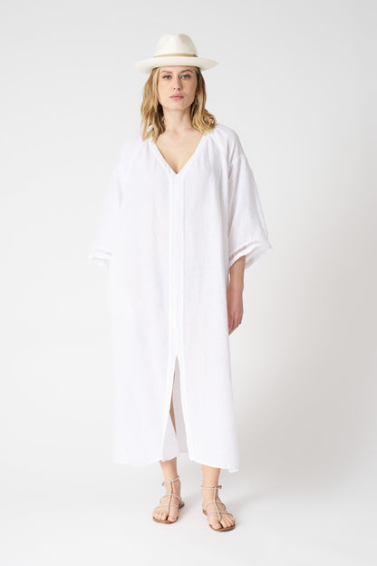 Women's Linen Kimono Dress with Belt – White, view 3