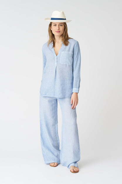 Women's Linen Blouse with Side Slits – Sea Soft Fade, view 3
