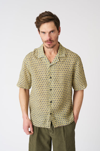 Men's Geometric Yellow Notched Collar Regular Fit Linen Shirt – Washed-Yellow Print, view 1