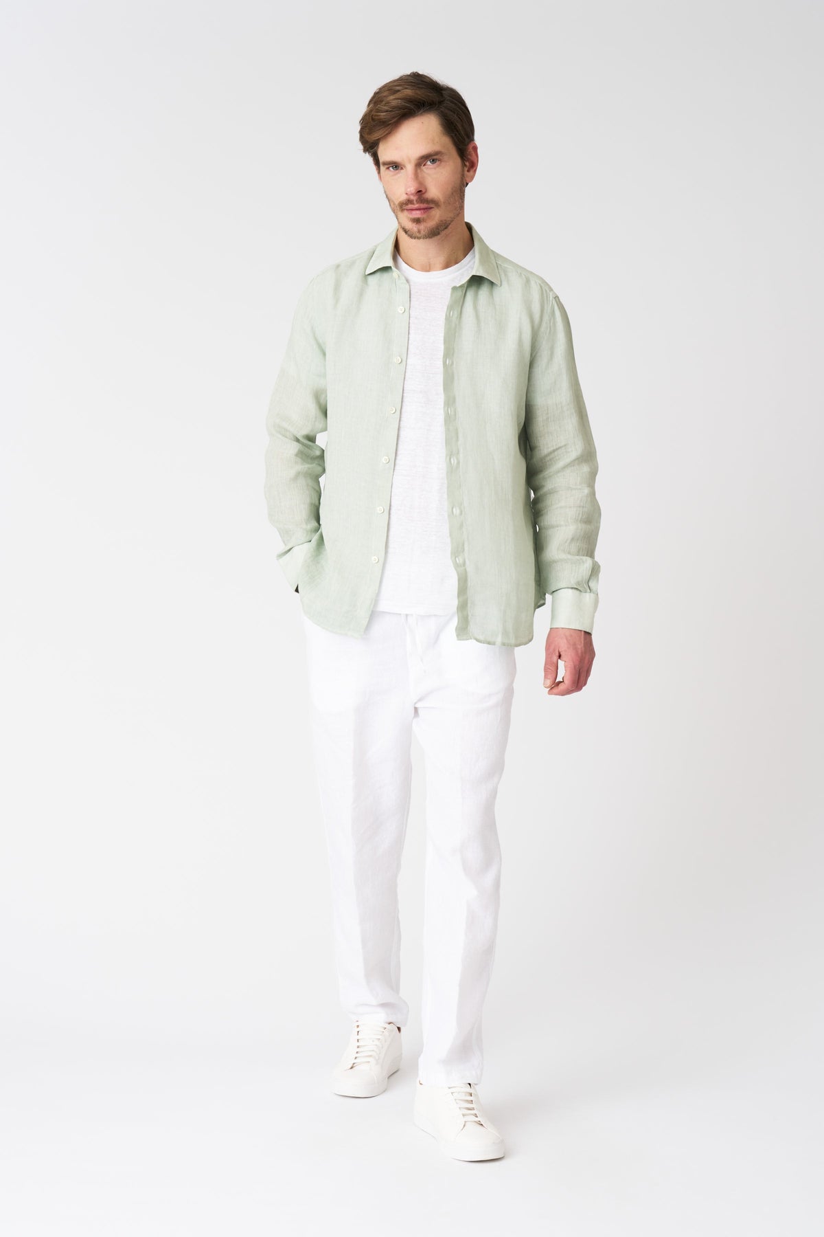Men's Slim Fit Linen Shirt – Pistache Soft Fade, view 3