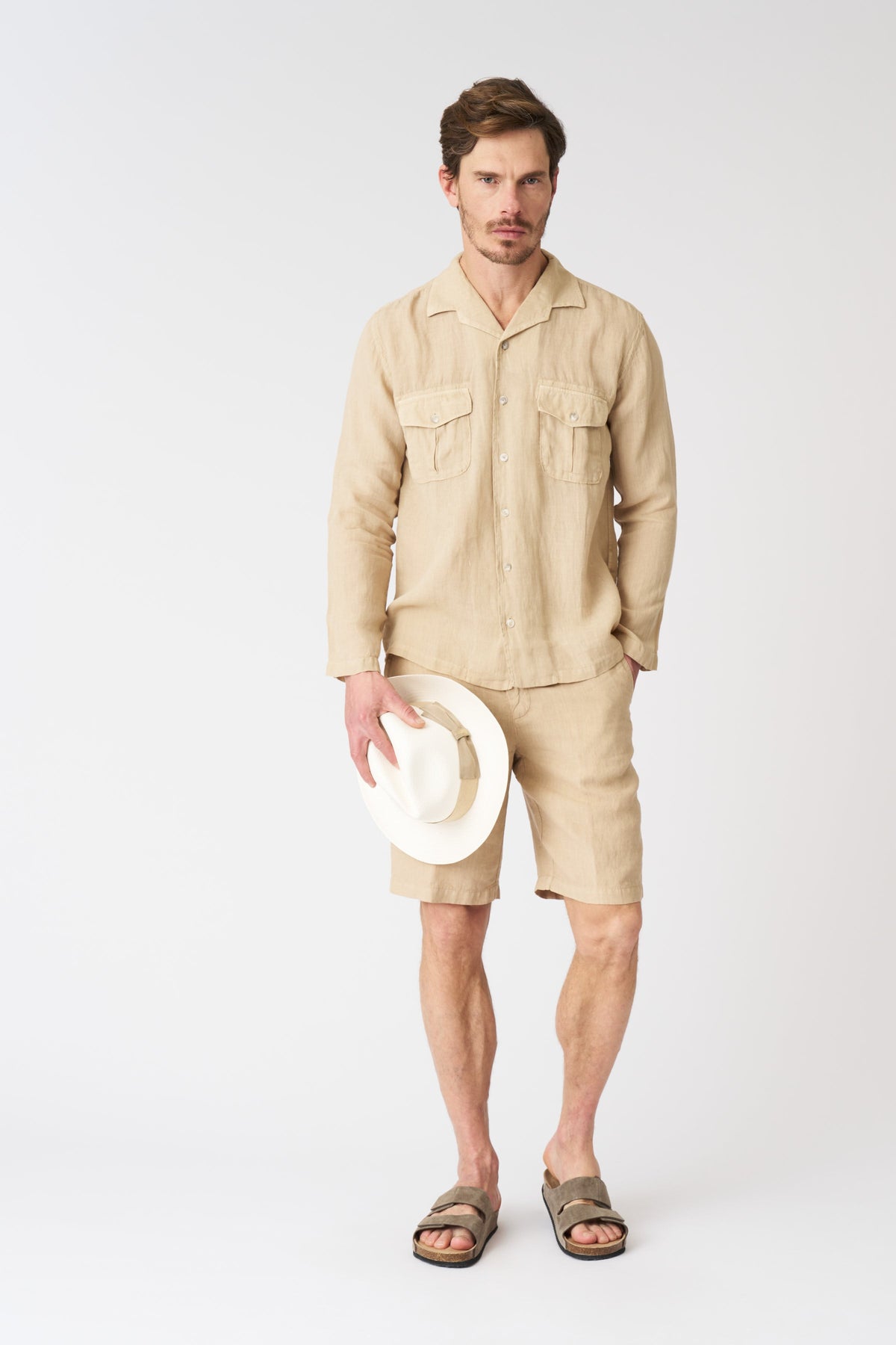 Men's Linen Chino Shorts with Pleats – Almond, view 1