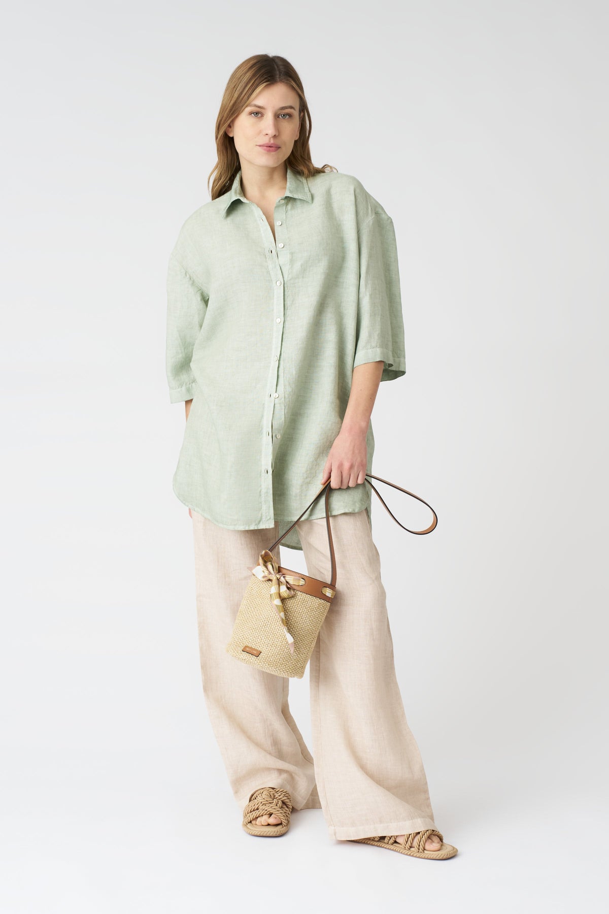 Women's Linen Shirt Dress – Pistache Soft Fade, view 3