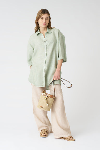 Women's Linen Shirt Dress – Pistache Soft Fade, view 3
