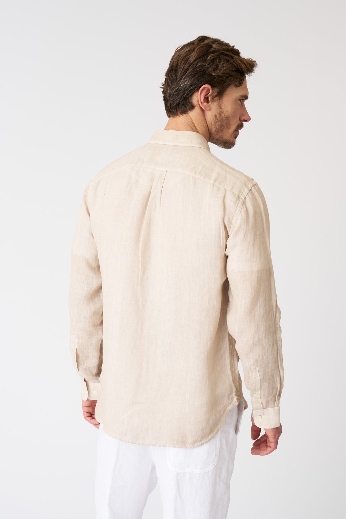 Men's Italian Collar Regular Fit Linen Shirt with Pocket – Beige Soft Fade, view 4