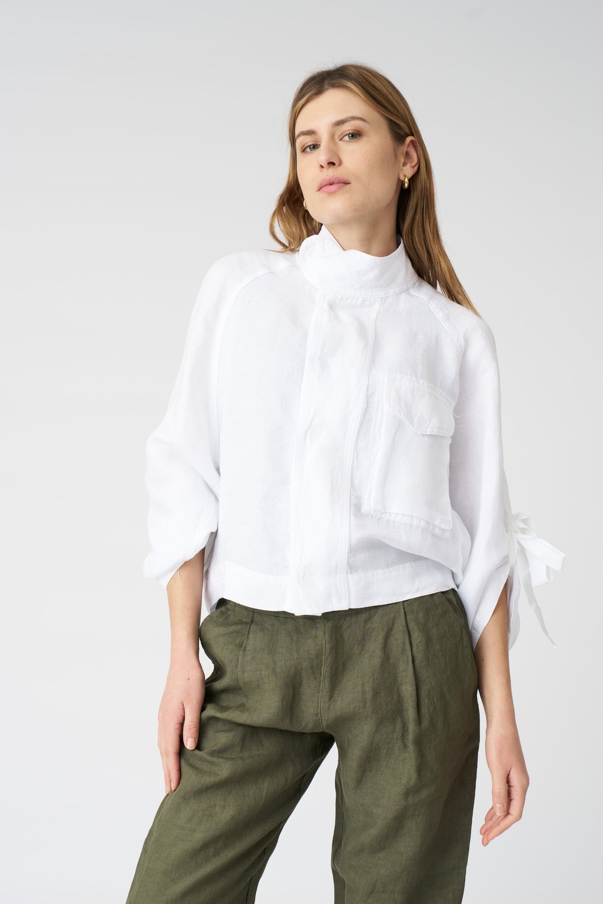 Women's Linen Jacket with Tie-Front Sleeves – White, view 1