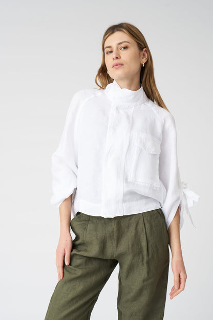 Women's Linen Jacket with Tie-Front Sleeves – White, view 1