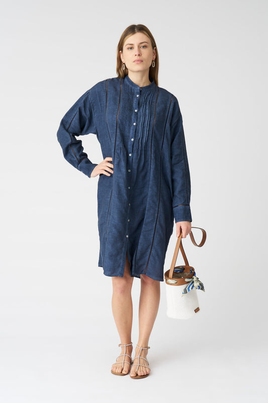 Women's Linen Pintuck Eyehook Detail Shirt Dress – Navy Fade, view 1