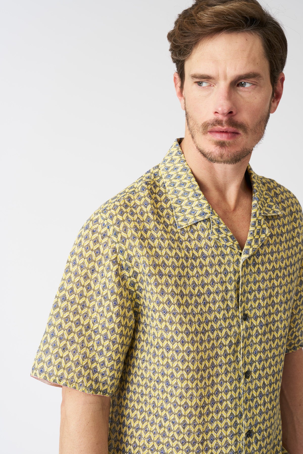 Men's Geometric Yellow Notched Collar Regular Fit Linen Shirt – Washed-Yellow Print, view 2