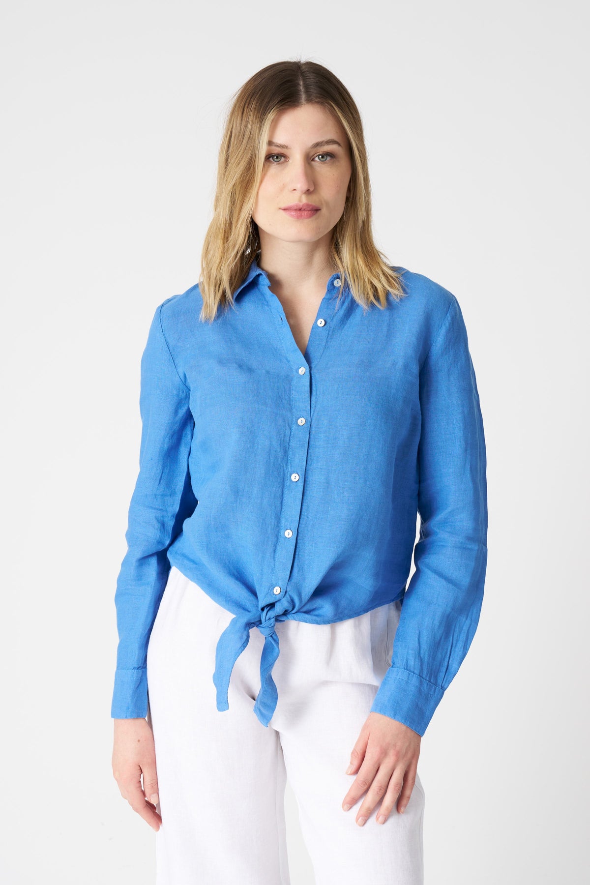 Women's Linen Shirt with Tie Detail – Indigo, view 1