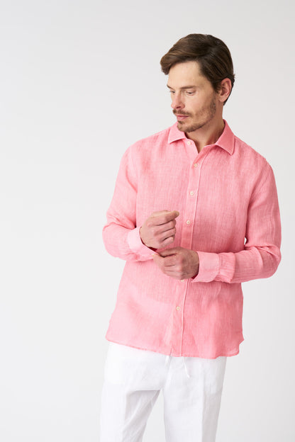 Men's Melange Slim Fit Linen Shirt – Geranium Soft Fade, view 1