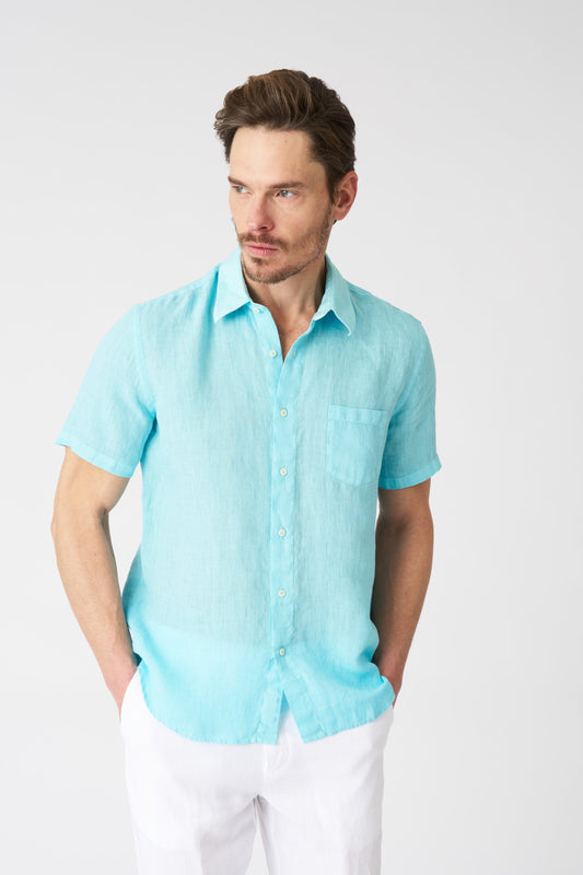 Men's Regular Fit Linen Shirt with Pocket – Aruba Blue Soft Fade, view 1