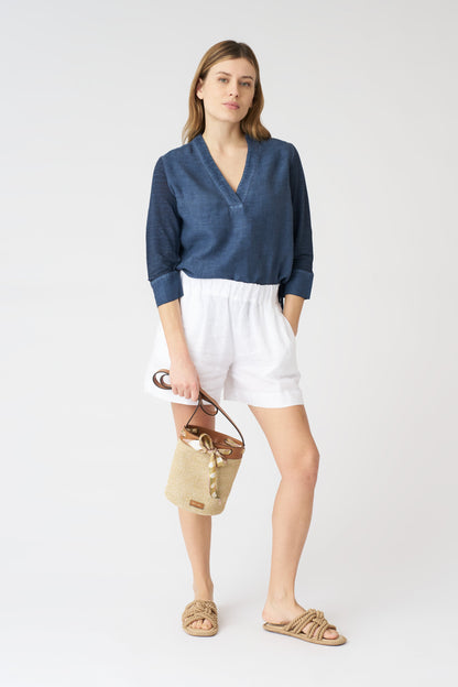 Women's Linen Relaxed V-Neck Blouse – Navy Fade, view 3