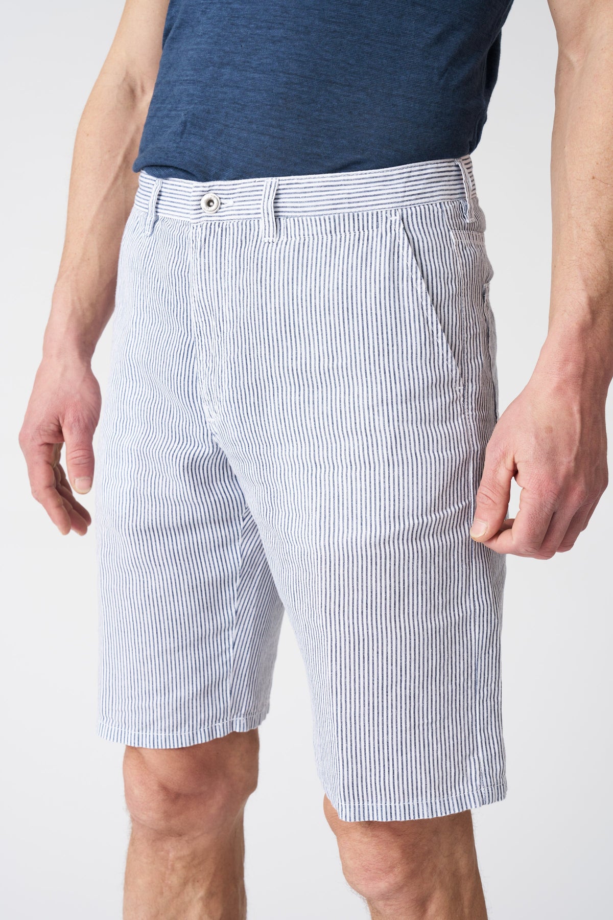 Men's Navy Stripe Linen Shorts – White, view 2