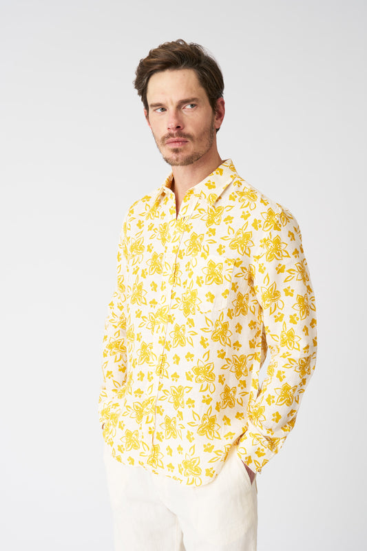 Men's Painted Flower Regular Fit Linen Shirt – Ecru, view 1