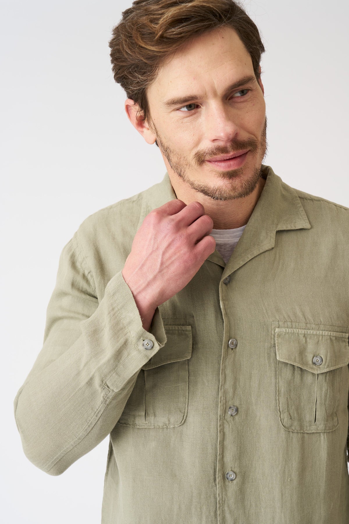 Men's Notched Collar Regular Fit Linen Shirt – Cactus, view 2