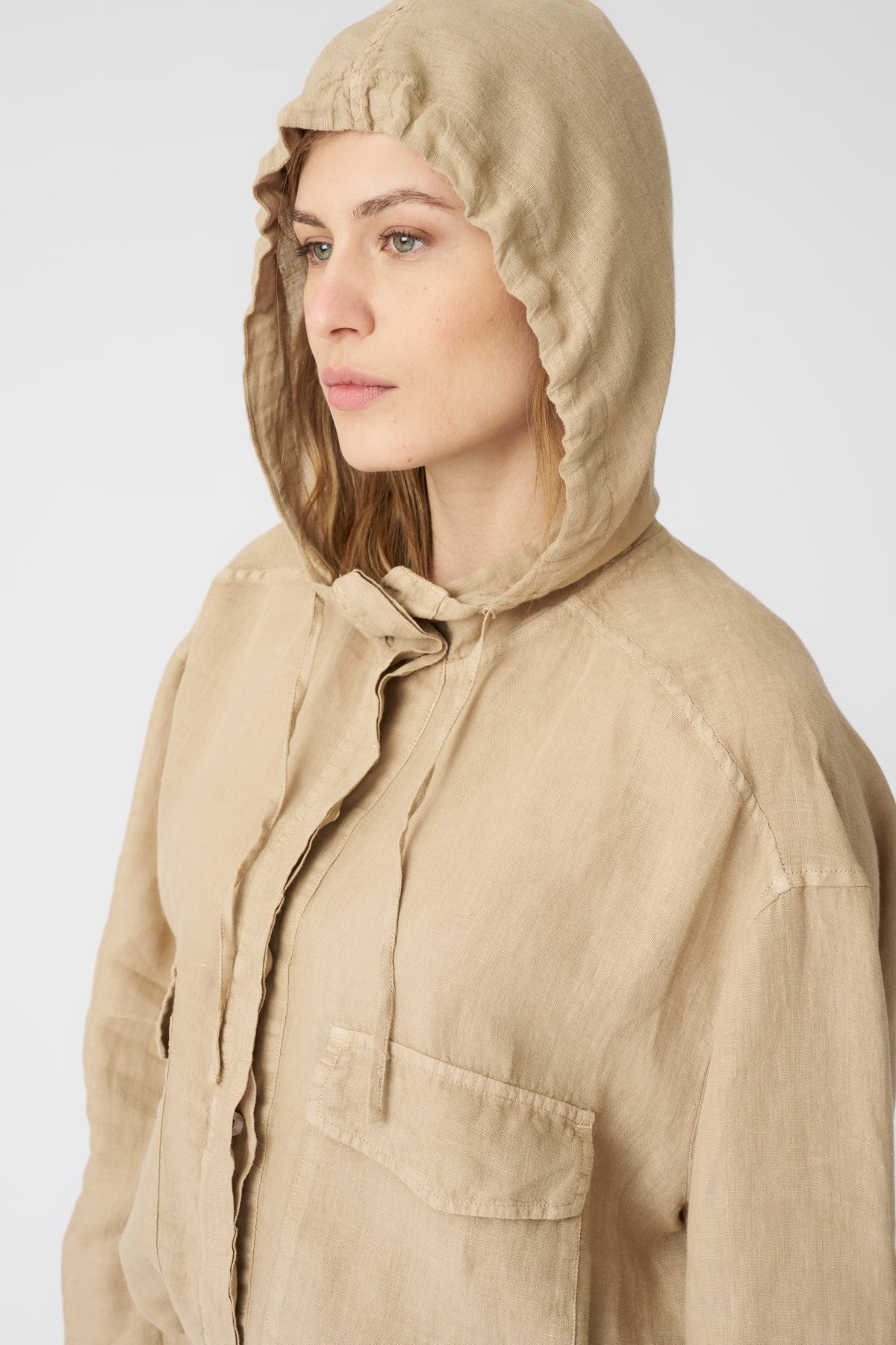 Women's Linen Jacket with Hood and Drawstring Waist – Almond, view 2