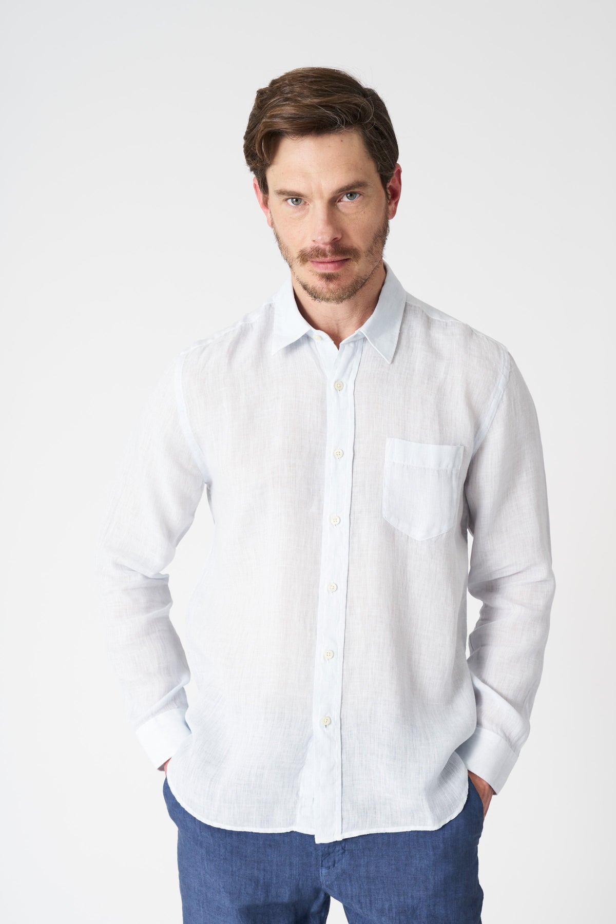 Men's Italian Collar Regular Fit Linen Shirt with Pocket – Sea Soft Fade, view 1