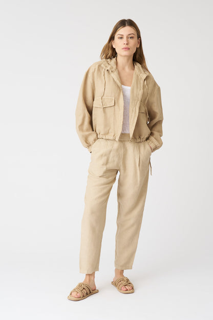Women's Linen Jacket with Hood and Drawstring Waist – Almond, view 3